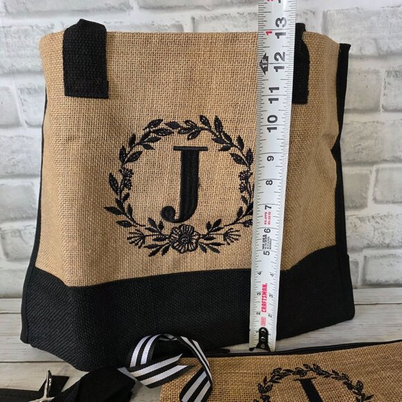 BeeGreen Jute Tote Set Monogram Initial "J" NEW Zipper Bags Keychain - Picture 2 of 4